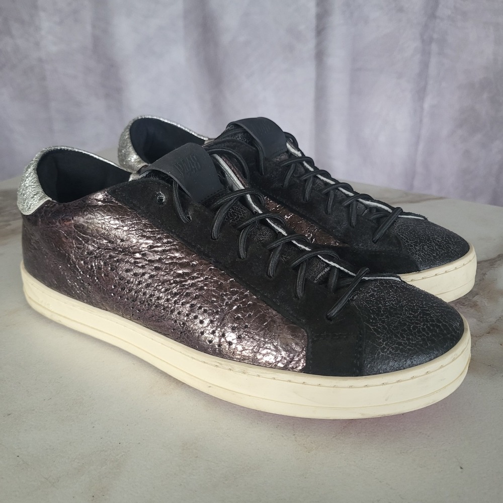 P448 Sneakers Women's Distressed Metallic Leather Sneakers Size 37 Black Plum